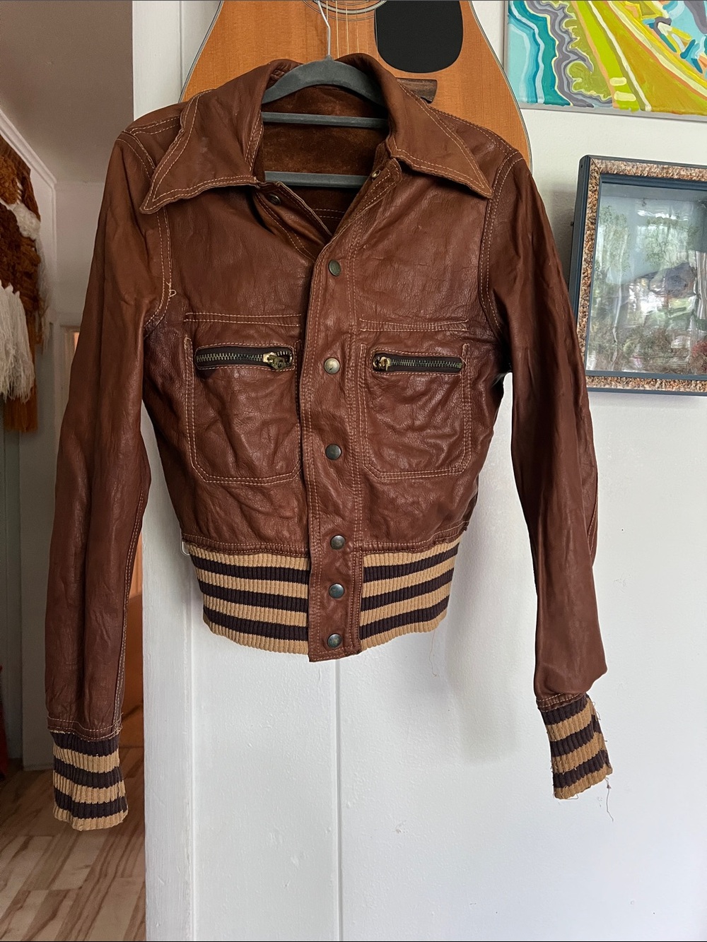 Brown Reversible Leather Suede Bomber Jacket Striped Knit Trim Woman Size Small - Picture 11 of 12